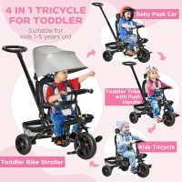 Qaba Kids Tricycle, 5 in 1 Foldable Trike with Reversible Seat, Adjustable Parent Handle, Safety Harness, Wheel Brakes, Removable Canopy, Storage, Tricycle for Toddlers 1-5 Years, Gray(m-4)