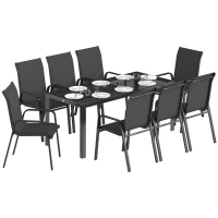 Outsunny 9 Pieces Patio Set with Stackable Chairs, Patio Dining Set with Glass Top for Garden, Patio, Backyard, Black(m-9)