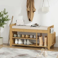 HOMCOM Shoe Bench with Cushioned Seat Shoe Storage Bench with Side Umbrella Holder for Entryway Natural and Cream(m-8)