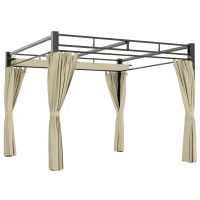 Outsunny 10' x 10' Outdoor Gazebo, Retractable Pergola Canopy with Curtains, UPF30+ Free Standing Metal Pergola Kit, Beige(m-13)