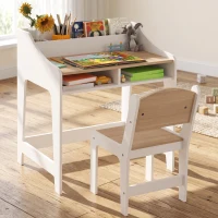 Qaba Kids Desk and Chair Set with Storage and Shelves, for Bedroom & Study Room, Gift for 3-8 Years Old, Natural Wood(m-8)