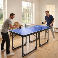 Soozier 6x3 ft Compact Midsize Table Tennis Table Multi-Use Family Ping-pong Table Free Standing Folding Blue(m-1)