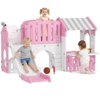 Qaba 7-in-1 Toddler Slide, Kids Slide Climber Playset with Playhouse and Basketball Hoop for 1-4 Years, Pink(m-9)