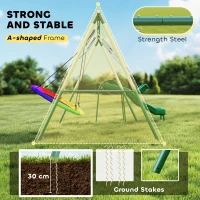 Qaba Metal Swing Set with Slide, Saucer Swing Seat, Heavy Duty A-Frame Stand and Adjustable Rope for Backyard, Dark Green(m-5)