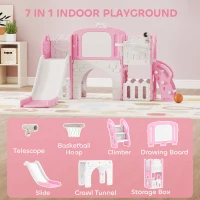 Qaba 7 in 1 Kids Slide with Climber, Basketball Hoop, Telescope, Indoor Outdoor Playground, for Boys Girls Ages 1-3, Pink(m-4)