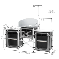 Outsunny Aluminum Camping Kitchen, Portable Folding Camping Table with Fabric Cupboards, Windshield, Bag for BBQ, Picnic, Grey(m-3)