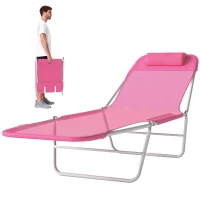 Outsunny Outdoor Lounge Chair, Portable Reclining Seat, Folding Chaise Lounge, Tanning Chair Bed with Pillow, Pink(m-2)