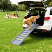 PawHut Foldable Dog Car Ramp, Dog Ramp with Anti-Slip Steps, Pet Stairs for Senior Pets to Access Cars and High Beds, Grey(m-8)