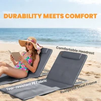 Outsunny 2 Pieces Beach Lounge Chair, Outdoor Folding Chaise Lounge Set w/ Pillow for Sunbath, Snap, Grey(m-6)