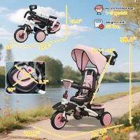 Qaba 6 in 1 Kids Tricycle with Adjustable Push Handle, Removable Canopy, Reversible Seat, for 1-5 Years, Pink(m-3)