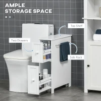 kleankin Slim Bathroom Cabinet, Freestanding Storage Cabinet, Toilet Paper Holder with Two Drawers, Side Towel Rack, and Wheels, 7 x 20.5 x 24.75 Inches, White(m-4)
