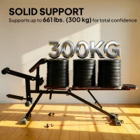 Soozier Adjustable Weight Bench with Wheels, Load 660LBS Workout Bench with Leg Extension, Preacher Curl and Resistance Bands(m-5)