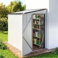 Outsunny 4.3' x 6.3' Outdoor Storage Shed Lean to Shed Outdoor Metal Tool Shed with Lockable Door and Air Vents, White(m-8)