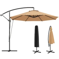 Outsunny 9.5' Cantilever Umbrella with Wind Protection Strap and Cover, Hanging Umbrella with Crank and Cross Base, Khaki(m-9)