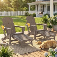 Outsunny Folding Adirondack Chair Set of 2, HDPE Fire Pit Chair with Retractable Ottoman and Cup Holder, Brown(m-9)