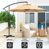 Outsunny 9.5' Cantilever Umbrella with Wind Protection Strap and Cover, Hanging Umbrella with Crank and Cross Base, Khaki(m-5)