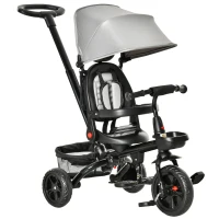 Qaba Kids Tricycle, 5 in 1 Foldable Trike with Reversible Seat, Adjustable Parent Handle, Safety Harness, Wheel Brakes, Removable Canopy, Storage, Tricycle for Toddlers 1-5 Years, Gray(m-1)