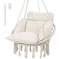 Outsunny Hammock Swing Chair, Macrame Hanging Chair with Large Cushion, Chain, Steel Frame for Indoor Outdoor Use, Cream White(m-1)