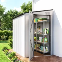 Outsunny 4.3' x 6.3' Outdoor Storage Shed Lean to Shed Outdoor Metal Tool Shed with Lockable Door and Air Vents, White(m-1)