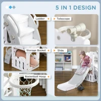 Qaba 5 in 1 Toddler Slide with Basketball Hoop, Climber, Telescope, Storage Basket, for 1-3 Years Kids Indoor Use, Grey(m-4)