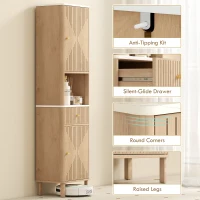HOMCOM 66" Tall Bathroom Cabinet, Freestanding Slim Bathroom Storage Cabinet with Silent-Glide Drawer, Adjustable Shelves, Oak(m-7)