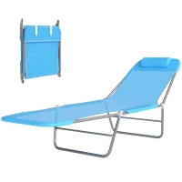 Outsunny Outdoor Lounge Chair, Portable Adjustable Reclining Seat Folding Chaise Lounge Patio Camping Beach Tanning Chair Bed with Pillow, Blue(m-11)