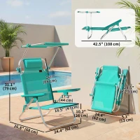 Outsunny 2 Piece Folding Beach Chairs with Adjustable Canopy, 6-Position Reclining Lounge Chair with Headrest, Turquoise(m-3)