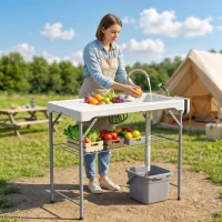 Outsunny Folding Fish Cleaning Table with Sinks, Camping Sink with Faucet Drainage Hose Sprayer Shelf, White(m-1)