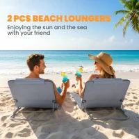 Outsunny 2 Pieces Beach Lounge Chair, Outdoor Folding Chaise Lounge Set w/ Pillow for Sunbath, Snap, Grey(m-4)
