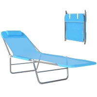 Outsunny Outdoor Lounge Chair, Portable Adjustable Reclining Seat Folding Chaise Lounge Patio Camping Beach Tanning Chair Bed with Pillow, Blue(m-2)
