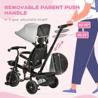 Qaba Kids Tricycle, 5 in 1 Foldable Trike with Reversible Seat, Adjustable Parent Handle, Safety Harness, Wheel Brakes, Removable Canopy, Storage, Tricycle for Toddlers 1-5 Years, Gray(m-6)