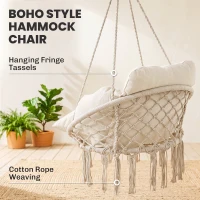Outsunny Hammock Swing Chair, Macrame Hanging Chair with Large Cushion, Chain, Steel Frame for Indoor Outdoor Use, Cream White(m-5)