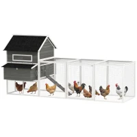 PawHut 137" Wooden Chicken Coop with Chicken Run, Nesting Box, Dark Grey(m-9)
