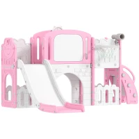 Qaba 7 in 1 Toddler Slide with Basketball Hoop, Climbing Frame, Telescope, Drawing Board, Storage Box for Ages 1-3, Pink(m-2)