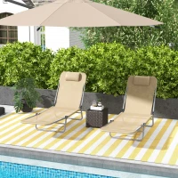 Outsunny Folding Outdoor Lounge Chair Set of 2, Reclining Tanning Chair with 5-Position Adjustable Backrest, Brown(m-1)
