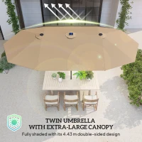 Outsunny 174" Double-Sided Sun Umbrella Garden Parasol Patio Sun Shade Outdoor with LED Solar Light, Khaki(m-7)