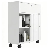 kleankin Toilet Paper Cabinet, Slim Bathroom Cabinet with 4 Rolling Wheels, Small Bathroom Storage Cabinet with Paper Holes, Sliding Doors and Adjustable Shelf for Small Space, White(m-1)