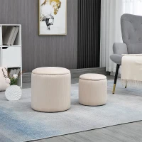HOMCOM Corduroy Stool, Ottoman with Storage Set of 2, Removable Wood Lid, Hidden Space, Cream White(m-2)
