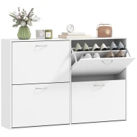 HOMCOM Flip Down Shoe Rack, Multi Cabinet, Wooden Shoe Shelf, Entryway, 4 Drawer Organizer, Freestanding Unit, White(m-2)