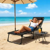 Outsunny Outdoor Folding Lounge Chair, 4-Level Adjustable Chaise Lounge with Headrest, Tanning Chair Beach Bed Reclining Lounger Cot for Camping, Hiking, Backyard, Black(m-1)