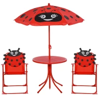 Outsunny Children Table and Chair Set Outdoor, Kids Folding Picnic Table and Chair Set with Removable & Height Adjustable Sun Umbrella for Garden Backyard, Ladybug Pattern, Red(m-11)