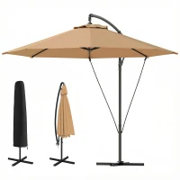 Outsunny 9.5' Cantilever Umbrella with Wind Protection Strap and Cover, Hanging Umbrella with Crank and Cross Base, Khaki(m-2)