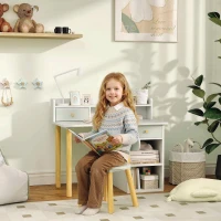 Qaba Kids Study Table and Chair Set, Kids Desk and Chair Set w/ Storage and Shelves, for 3-8 Year Old, Green(m-1)