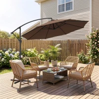 Outsunny 10' Deluxe Patio Umbrella, Outdoor Market Parasol, Banana Hanging Offset Sunshade with Crank, Cross Base, Coffee(m-10)