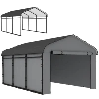 Outsunny 10' x 15' Metal Carport, Heavy Duty Garage Car Shelter with Galvanized Metal Roof and Removable Sidewalls, Light Grey(m-9)