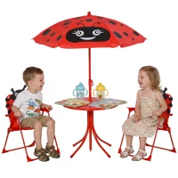 Outsunny Children Table and Chair Set Outdoor, Kids Folding Picnic Table and Chair Set with Removable & Height Adjustable Sun Umbrella for Garden Backyard, Ladybug Pattern, Red(m-2)