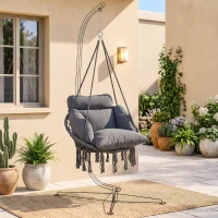 Outsunny Hammock Swing Chair, Macrame Hanging Chair with Large Cushion, Chain, Steel Frame for Indoor Outdoor Use, Dark Gray(m-8)