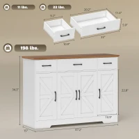 HOMCOM 47" Buffet Cabinet with Soft-Close Hinges, Farmhouse Sideboard with 3 Drawers, Adjustable Shelves and Spice Racks, White(m-3)