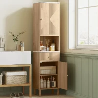 HOMCOM 66" Tall Bathroom Cabinet, Freestanding Slim Bathroom Storage Cabinet with Silent-Glide Drawer, Adjustable Shelves, Oak(m-1)