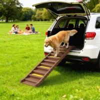 PawHut Foldable Dog Car Ramp, Dog Ramp with Anti-Slip Steps, Pet Stairs for Senior Pets to Access Cars and High Beds, Brown(m-8)